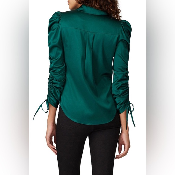 Veronica Beard Lilian Stretch Silk Button Up Ruched Blouse In Green - Picture 2 of 9
